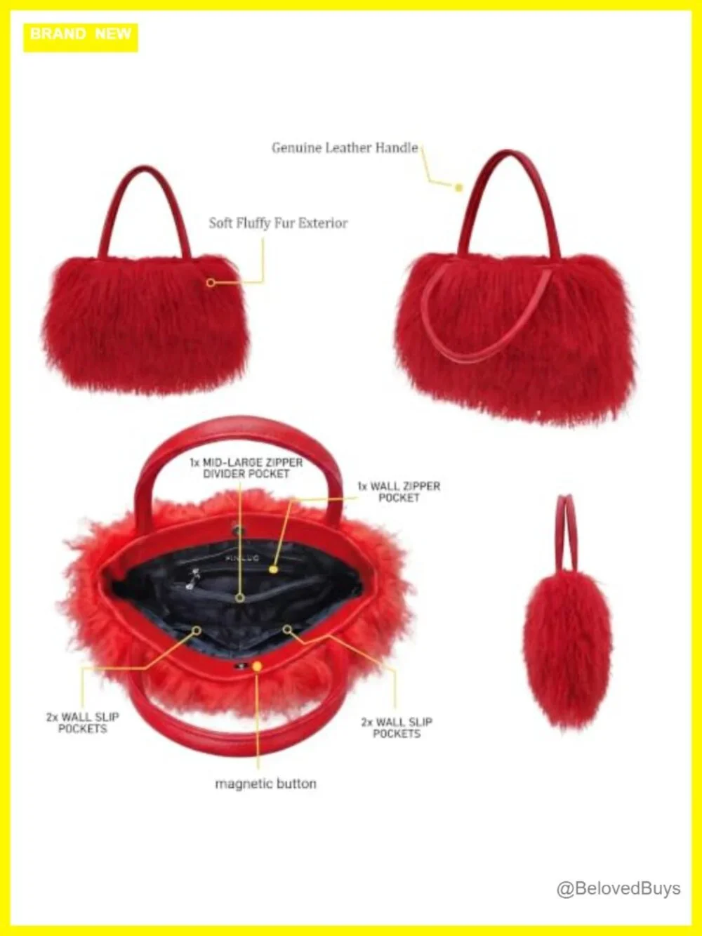 Luxury Real Lamb Fur Handbag with Genuine Leather Handles